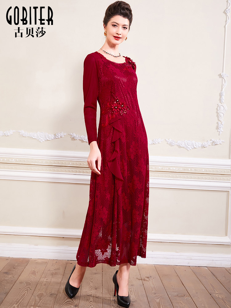 古贝莎蕾丝婚宴礼服妈妈装喜婆婆大码显瘦结婚年会中长连衣裙