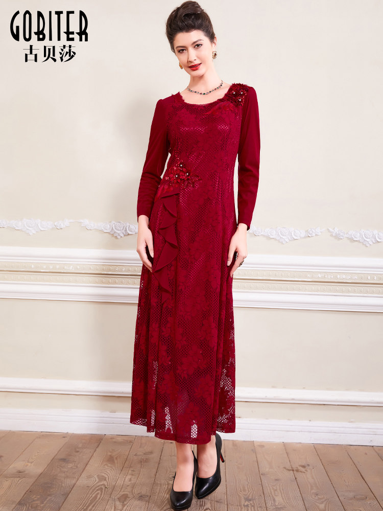 古贝莎蕾丝婚宴礼服妈妈装喜婆婆大码显瘦结婚年会中长连衣裙