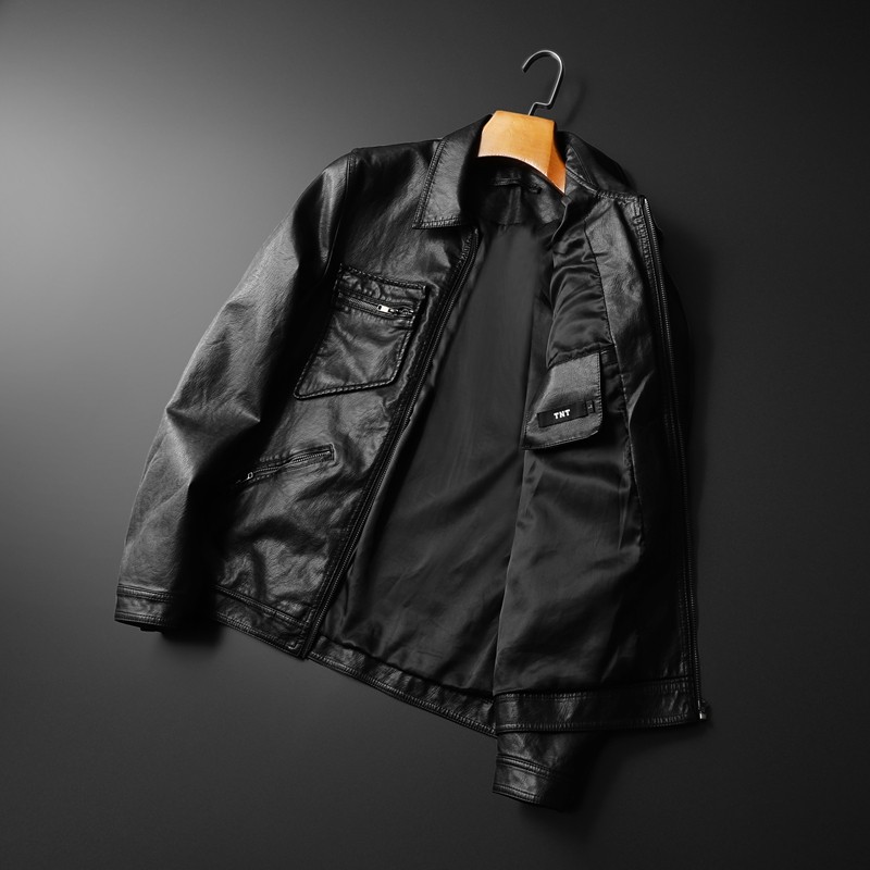 2024秋冬新款男士翻领机车皮外套 修身潮男皮衣7016 P175黑棕色,淘宝优惠券,粉丝福利购,淘宝优惠卷