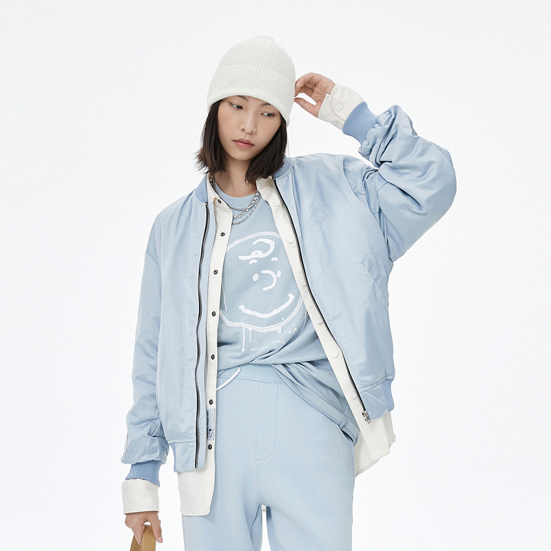 史努比联名款ABLEJEANS水洗中性棒球领夹克绣花潮流街头缎面外套