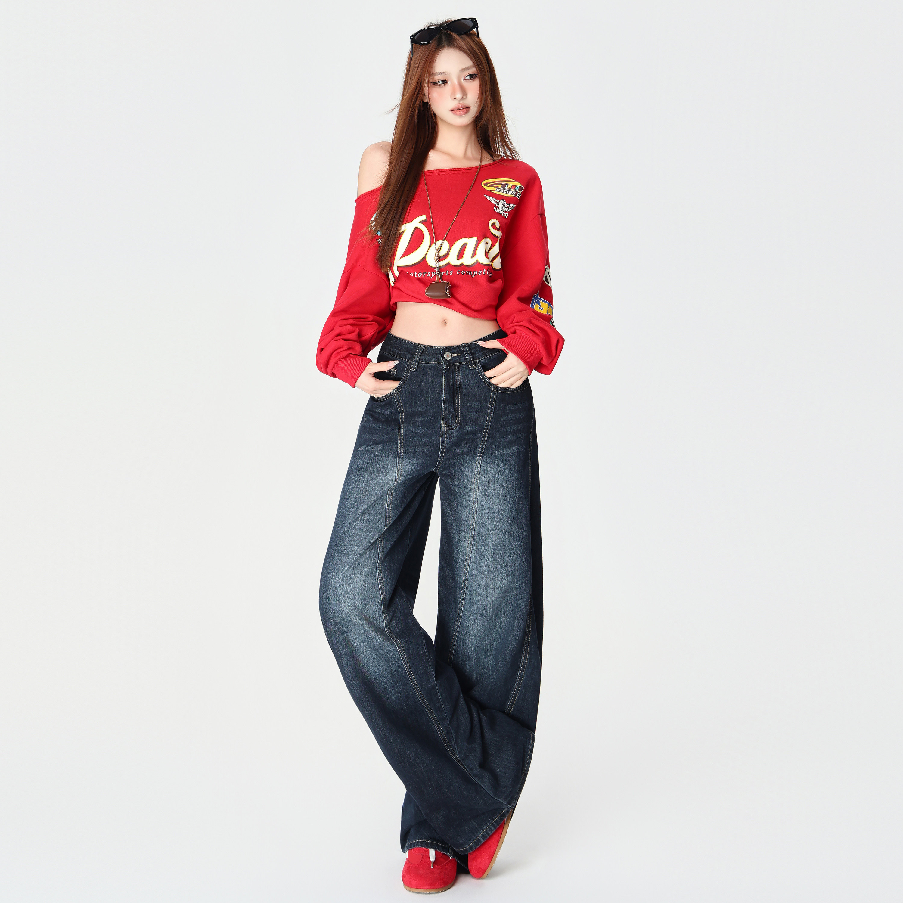 美式复古刺绣弯刀阔腿牛仔裤女秋季新款高腰直筒宽松拖地裤,淘宝优惠券,粉丝福利购,淘宝优惠卷