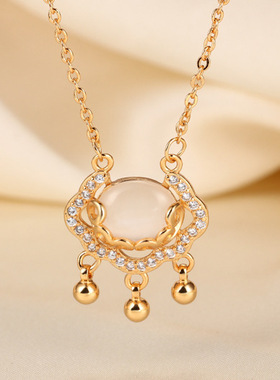 高品质猫眼如意平安锁项链轻奢小众白玉髓长命锁闺蜜生日礼物女生