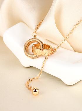 香槟金戒指项链2023女神专属镶钻时尚百搭环环相扣气质送女友礼物