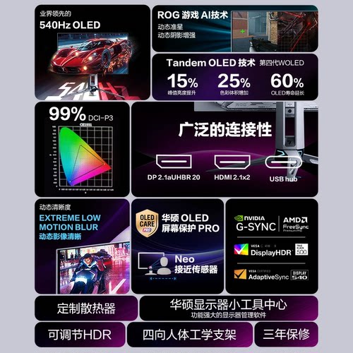 华硕超杀27Pro二代2K540HZ/720HZ双模OLED DP2.1显示器PG27AQWP-W - 图1