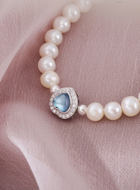 天然海蓝宝s925银珍珠手链