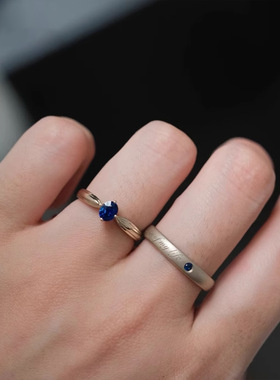 S925通体纯银戒指轻奢小众培育蓝宝石情侣对戒求婚订婚指环送女友