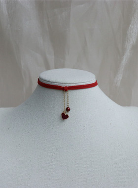 甜美酒红绒绳choker爱心珍珠项圈