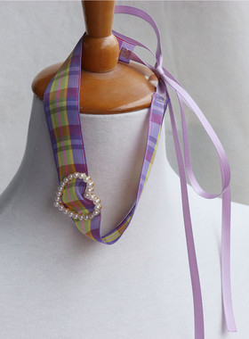 宽边格子带丝带系带款女爱心吊坠