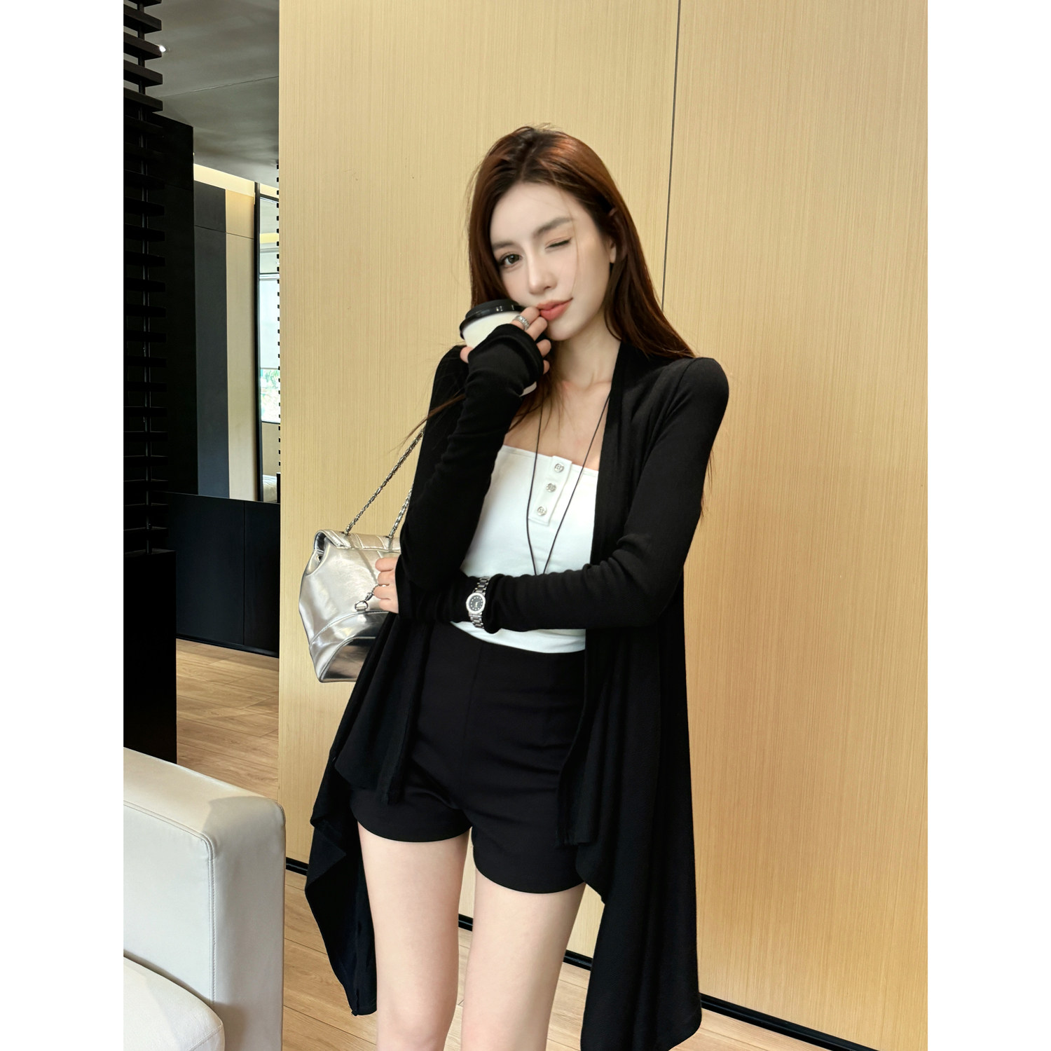 浅布调春季新款纸片人不规则下摆针织开衫气质显瘦慵懒长袖外套女,淘宝优惠券,粉丝福利购,淘宝优惠卷