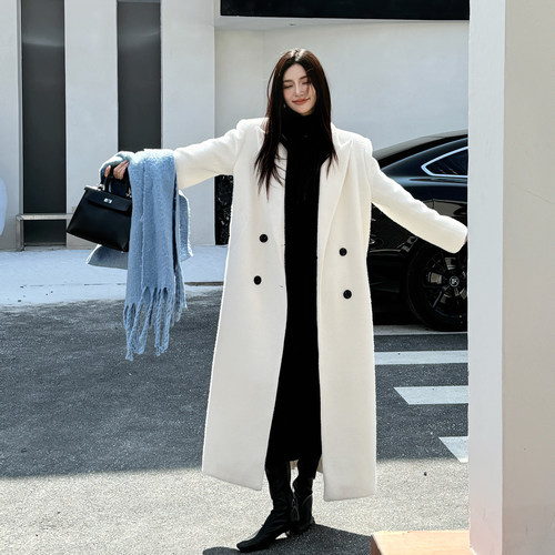 浅布调【白月光】冬新款宽松显瘦高个子加厚长款外套白色毛呢大衣 - 图0