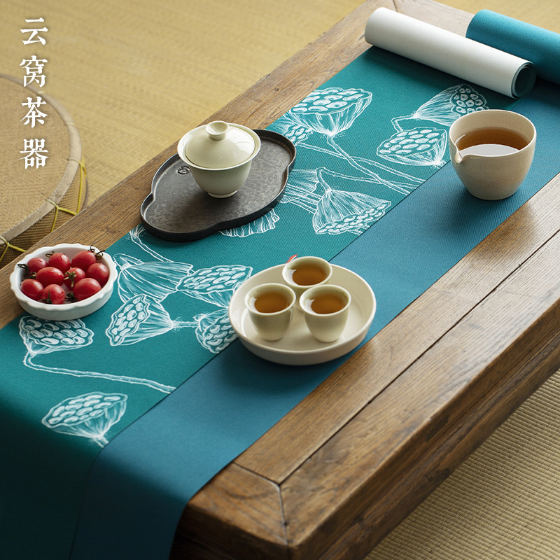 防水茶席新中式禅意布艺茶旗蓝色绿色功夫茶具麻布干泡茶垫新品
