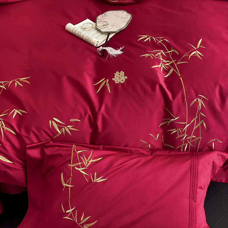 金竹报喜~高档新中式结婚床上用品四件套婚庆全棉大红色陪嫁喜被,淘宝优惠券,粉丝福利购,淘宝优惠卷