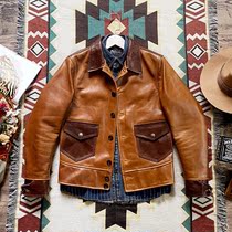 American Retro Oil Wax Cow Leather Collage Leather Leather Clothing Men Short leather jacket