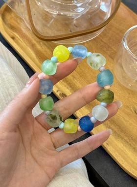 尼泊尔老琉璃碎碎冰手串搭配彩虹石 文玩手链饰品 存在瑕疵 DM603