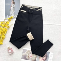 Caviar Volcano Black Gold Cross Waist Small Black Pants Winter Outwear Plus Suede High Waist Display Slim slim foot pencil slapped underpants