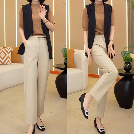 中年妈妈烟管裤女士春夏新款高腰显瘦小个子九分休闲裤垂感哈伦裤