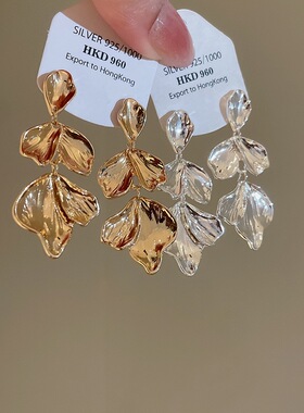 欧美金属褶皱花瓣耳钉夸张时尚气质耳环巨好看独特漂亮金色耳饰女