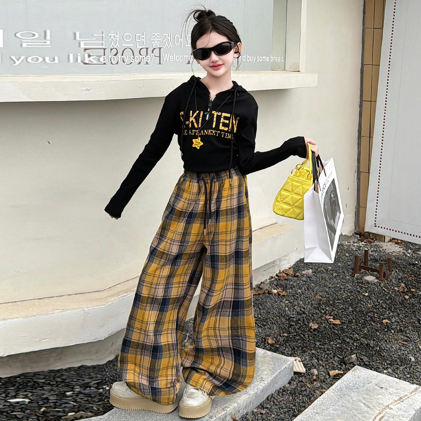 酷飒女童复古格子阔腿裤套装美式儿童爵士服演出服黑色上衣连帽潮,淘宝优惠券,粉丝福利购,淘宝优惠卷