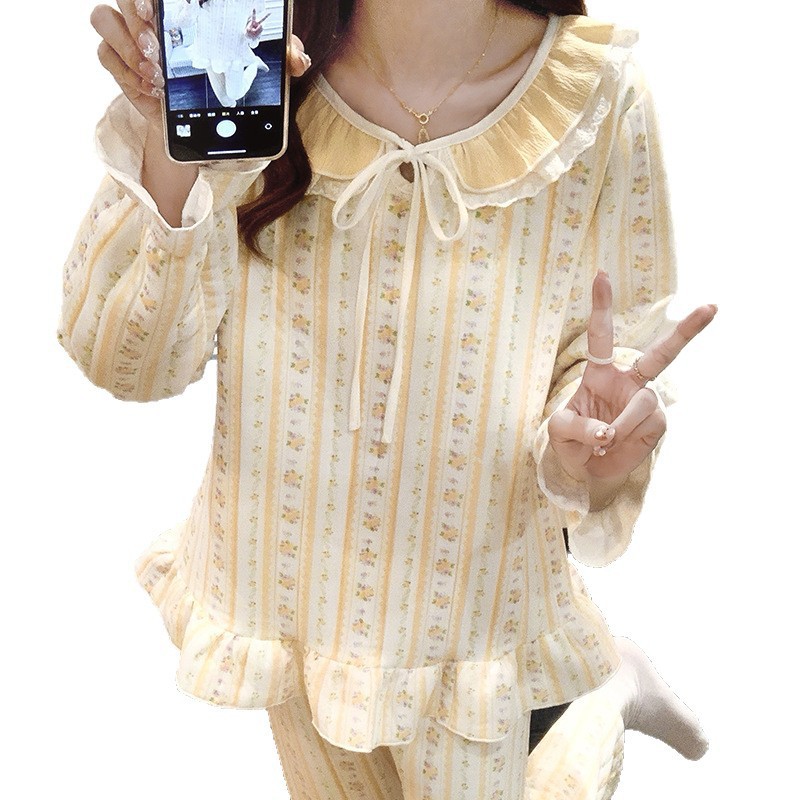 喔密哒秋冬季新款田园碎花夹层保暖仿棉睡衣套装女士可外穿 - 图3