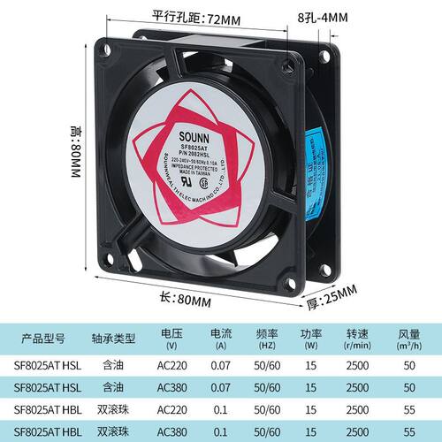 8025风扇220v轴流风机sf23080at ac110/380v 8cm双滚珠轴承排气扇 - 图2