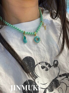 JINMUKE饰品韩国进口首饰夏新款串珠蓝绿色项链