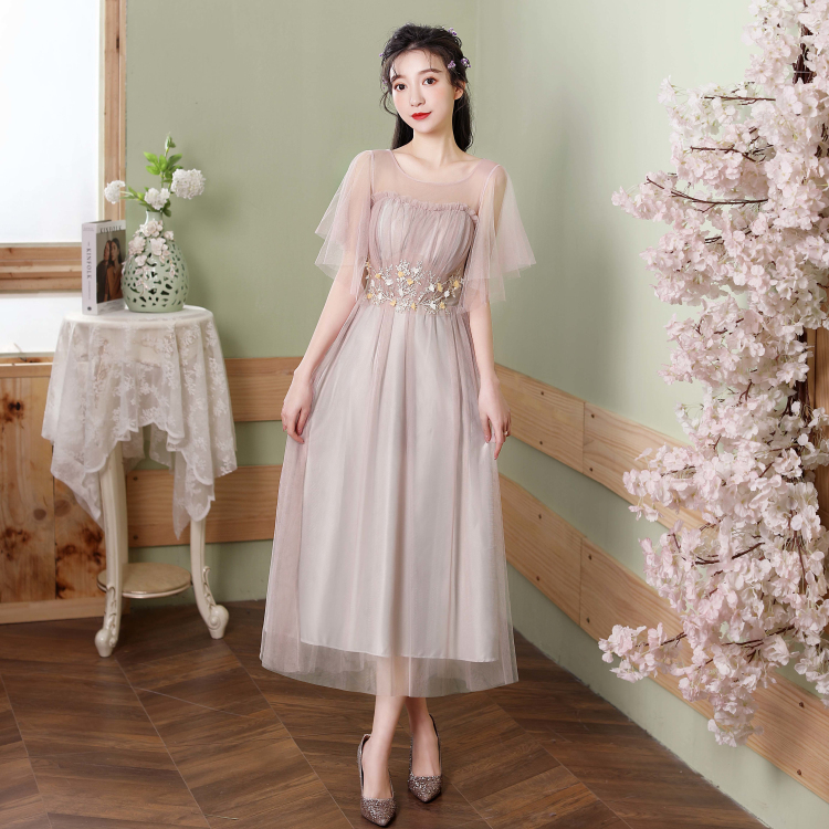 伴娘服大码胖mm 显瘦200斤夏灰色遮肚遮手臂年会艺考演出晚礼服裙 - 图0