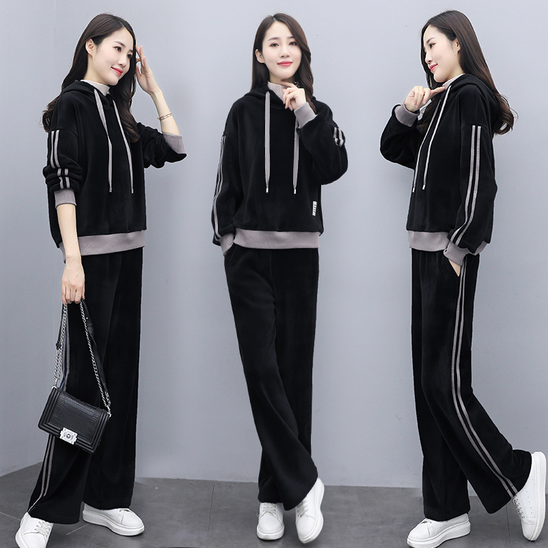 时尚金丝绒套装女秋冬新款加厚加绒韩版2025宽松连帽卫衣两件套潮,淘宝优惠券,粉丝福利购,淘宝优惠卷