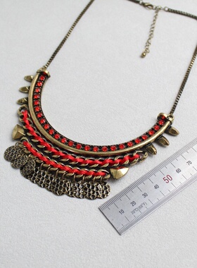 复古民族风红金属多层锁骨链