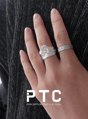 ptc宽面肌理纯银开口戒指男