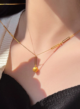 轻奢小众高级感钛钢镀18K金磨砂拉丝小金球项链锁骨链女时尚气质