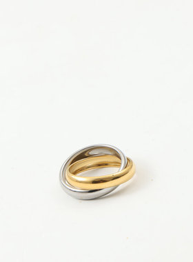 欧美时尚新款宽面双环间色钛钢镀金戒指指环食指女无缝设计高品质