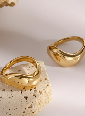 ins抽象设计感时尚戒指 钛钢戒指 欧美冷淡风个性复古镀18k金指环