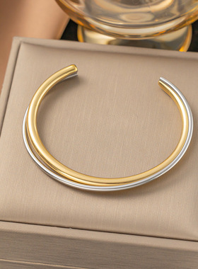 2024新款欧美ins风时尚简约气质钛钢镀18K金双层交叉开口手镯女