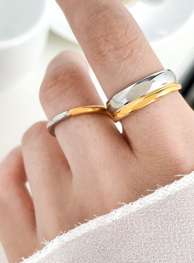 日韩时尚百搭小巧拼色细款戒指指环钛钢镀18K金饰品显细中指食指
