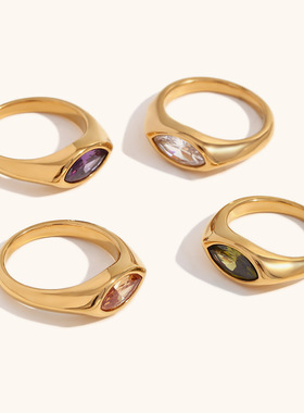 欧美时尚新款多色椭圆水滴眼睛钻钛钢镀金戒指指环百搭食指中指女