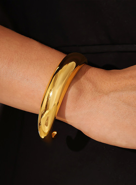 欧美ins风时尚个性夸张月牙形开口光面手镯钛钢镀18K金手环女跨境