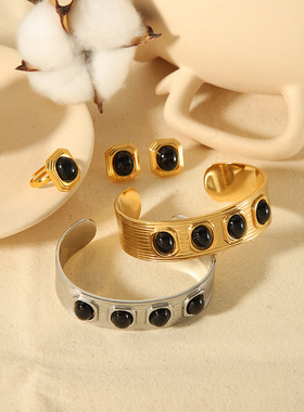 大气奢华法式复古设计宽面几何镶钻钛钢镀金手镯高级感手环女百搭