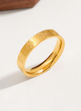 本命年亮面马上有钱戒指女时尚小众钛钢镀金指环食指中指新年礼物