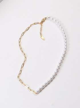 欧美时尚新款百搭珍珠拼接项链钛钢镀18K金短款锁骨链OL风显气质