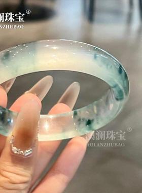 本命年冰种飘蓝花石英岩玉胖圆条手镯女款高冰独龙玉扁条玉镯子礼