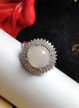 本命年925银镶戒指冰种阳绿色玉髓女戒玉石玛瑙指环豪华钻太阳花