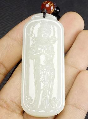 本命年新疆和田玉观音牌子吊坠精雕站观音菩萨普度众生玉挂件礼物