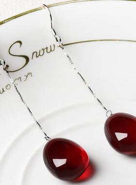 本命年耳环圆脸显瘦女款925银长款耳坠耳钉蜜蜡圆珠耳饰品礼物