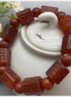 本命年红玛瑙圆珠手串回纹雕花算盘珠单圈手链复古玛瑙回纹竹节手