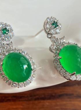 本命年国风复古起光满绿帝王绿绿玉髓耳环玛瑙耳钉满绿耳钉礼物