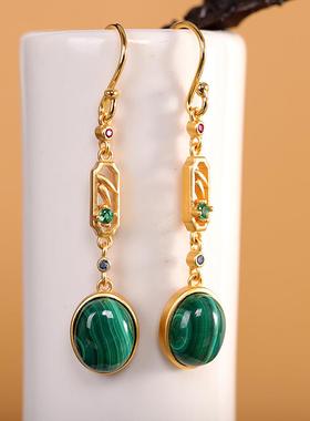 本命年925银镶孔雀石耳坠长款气质耳环个性时尚百搭耳饰礼物