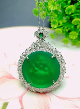 本命年镶嵌绿色玉髓翡翠帝王绿佛公吊坠玛瑙玉髓挂件项链毛衣链礼