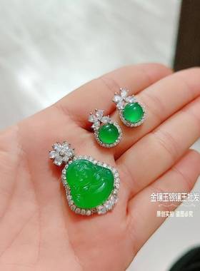 本命年真品绿玉髓佛公吊坠帝王绿翡翠色玛瑙玉石耳钉樱桃耳环套装