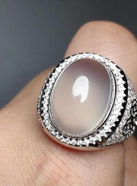 本命年冰绿玉髓男戒指925银镶绿宝石祖母绿色玉指环玛瑙活口男士