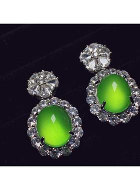 本命年绿玉髓冰阳绿925银耳钉耳饰荧光媲美翡翠银镶嵌礼物